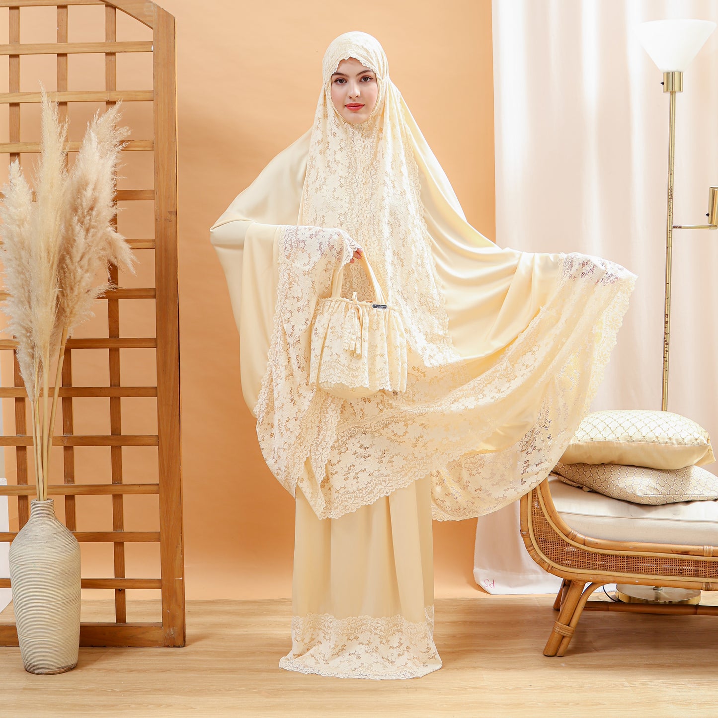 Ladies Silk Prayer Clothes with Lace - Pastel Yellow