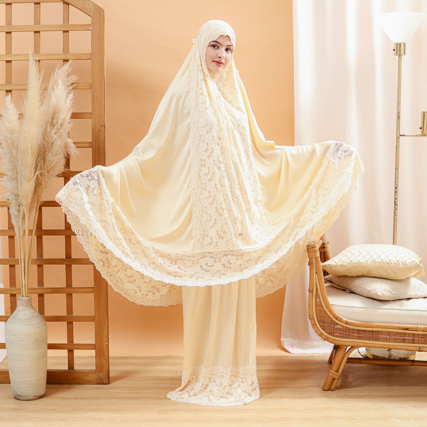 Ladies Silk Prayer Clothes with Lace - Pastel Yellow