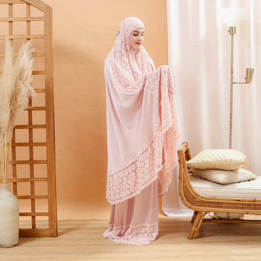 Ladies Silk Prayer Clothes with Lace- Dusty Pink