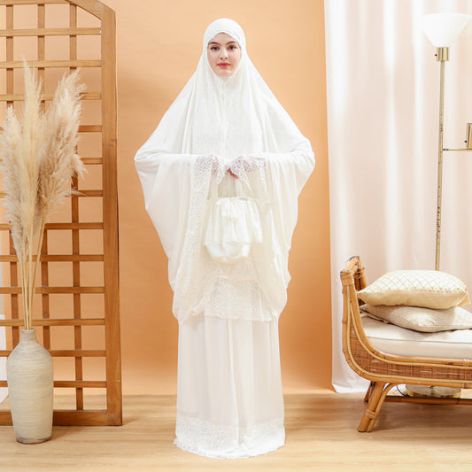 Ladies Silk Prayer Clothes with Lace - White